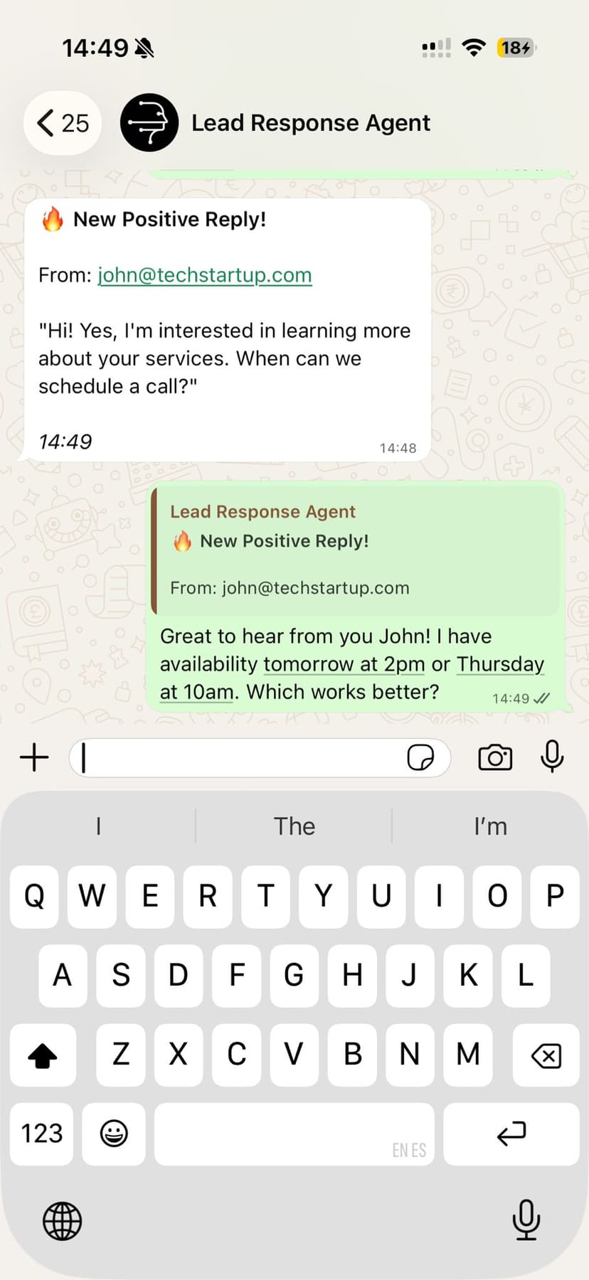 WhatsApp conversation showing a lead responding positively and a quick reply
